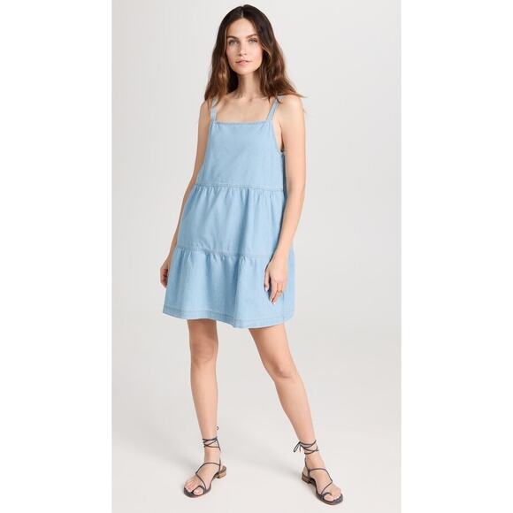 Z Supply Daniela Blue Chambray Square Neck Strap Tiered Denim Jeans Dress Sz XS - Picture 1 of 10